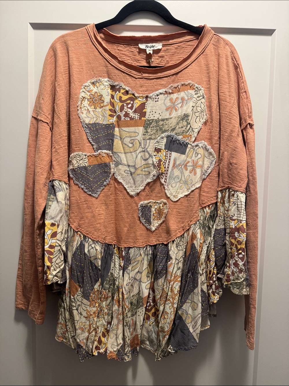 🆕Gorgeous Blue Velvet Dusty Coral Boho Patchwork Heart Peplum Tunic. M. NWT!🔥🔥